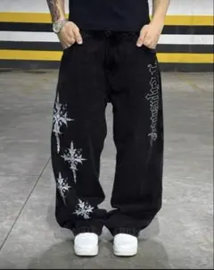 デニム ジーンズ クロス 十字架 刺繍 ブラック グランジ Y2K サブカル