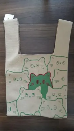 猫イラスト ニットトートバッグ ベージュ