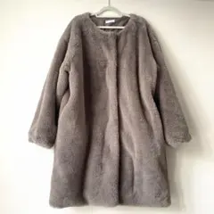 ノーカラー フェイクファーコート Lサイズ モカ