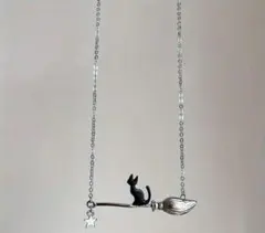 黒猫 魔法の箒 星 ネックレス シルバー　ジブリ　魔女　キャット　猫