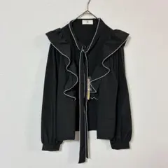 新品　人気ビッグフリル　ピコ刺繍フリルボータイLSブラウス　レディースフリー　黒のサムネイル