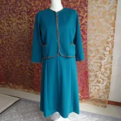 昭和レトロ　ノーカラージャケット&フレアスカート　アンティーク　ティールカラー