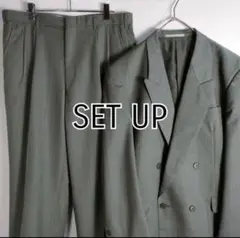 スーツ　セットアップ　ダブルボタン　グリーングレー　ウール100％　古着