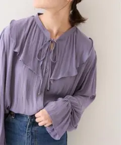 Y055 スローブイエナ フリルカラーブラウス F パープル シアー 手洗い可能