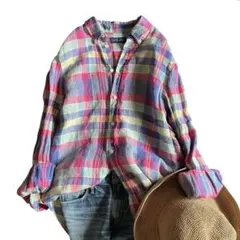 【美品】ラルフローレン マドラスチェック リネン シャツ ポニー刺繍 BD