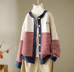 ニットカーディガン レディース ボーダー柄 切り替え ニットセーター ネイビー