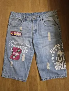 ダメージ加工刺繍デニムショートパンツ