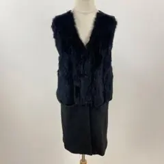 ラビットファー ニットワンピース ノースリーブ Vネック ウール混 L