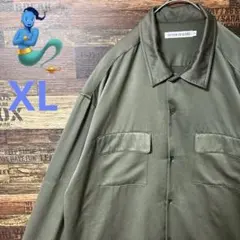 【個性派古着】長袖シャツ　オリーブグリーン 光沢　希少　お洒落　XL