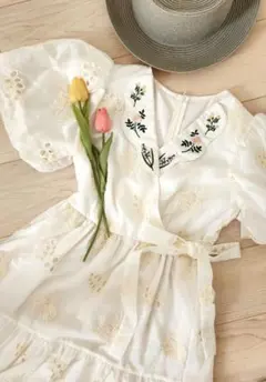 花柄 刺繍 襟 レース ワンピース