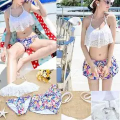 フリル バンドゥビキニ 花柄M体型カバー３点SET★送料無料★