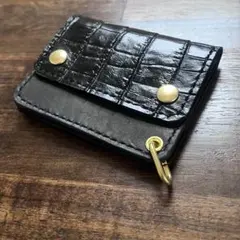 牛革 トラッカーウォレット ミニ 黒 クロコ型押し