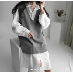 グレー ニットベスト Vネック