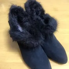 【美品・未使用品】銀座　かねまつ　黒スエードファー装飾ブーツ