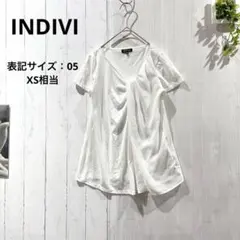 【インディヴィ】【05 XS】シフォン切替 ドレープ 半袖カットソー 白 日本製