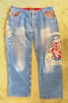D334【奇跡のサイズ 6L】波達 デニムパンツ 和柄 刺繍 花札 入手困難