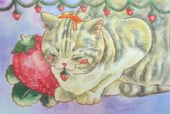 手描きイラスト 猫と苺 水彩画
