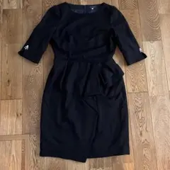 JUSGLITTY ネイビーひざ丈ワンピース サイズ2 紺ワンピ　ビジュー七分袖