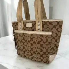 コーチ シグネチャー 肩掛けトートバッグ ブラウン キャンバス レザー 総柄