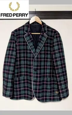 【FRED PERRY】テーラードジャケット/チェック/ウール/刺繍/ロゴ/美品