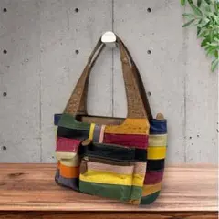 レザーパッチワーク トートバッグ オーストリッチ風 ハンドバッグ　マルチカラー