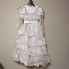 子供用ホワイト フリルドレス 長袖　9-10才サイズ　古着レトロ　貸衣装処分品