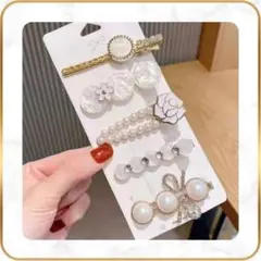 残1♡5個セット♡パール リボン ゴールド ホワイト ヘアクリップ ヘアピン