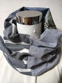 ハンドメイドグレー系パッチワークス花柄ボーダースヌード薄地綿ネックウォーマー