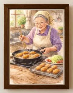 【水彩画アート】あの頃の婆ちゃんとコロッケ　2L版写真用紙