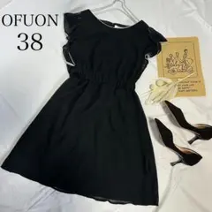 OFUON オフオン レース ワンピース 黒 無地 フレンチスリーブ424a38