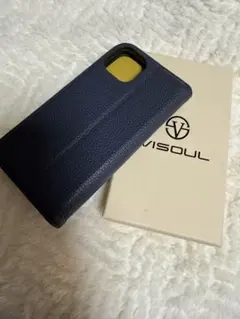 ネイビー 手帳型　本革　イエロー　iPhoneケース　iPhone13 箱付き