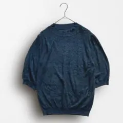 Y7535 透かし編み半袖サマーニット 清楚フェミニン 春夏 着回し抜群 紺 M