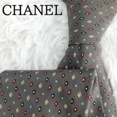 美品◎CHANEL シャネル ネクタイ 幾何学模様 ロゴ グレー マルチカラー
