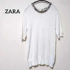 2−2【ザラ】ZARA ビジュー付きホワイトニット半袖　華やか