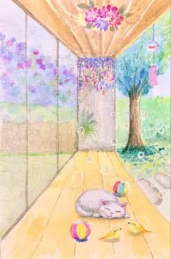 knp13原画 水彩画 猫と小鳥と夏のベランダ 値段は※900円です knp13様専用原画 水彩画 猫と小鳥と夏のベランダ 値段は※900円です