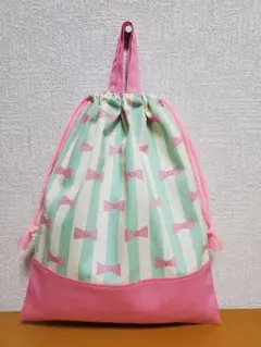 持ち手付き巾着袋 上靴入れ お道具袋 Gしましまりぼん ビンク