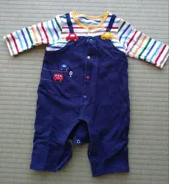 ミキハウス 　70 ボタン付きロンパース ネイビー/ストライプ　車