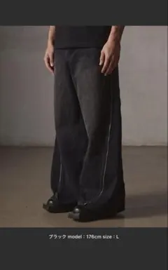 GRANCY ジップデザイン バギーデニム パンツ XL ブラック