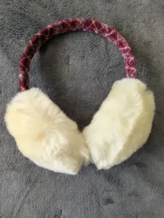アイボリー ファー 耳あて・イヤーマフ チェック柄