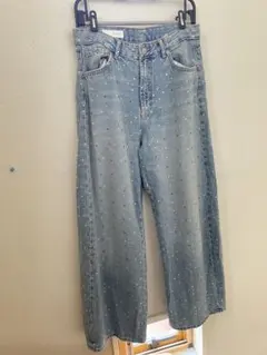 ZARA ビジュー付きワイドレッグデニムパンツ 36