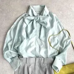 美品＊styling/ シアーボウタイブラウス ミント ブルー　光沢感 上質のサムネイル