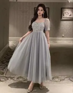 チュールロングパーティードレス ビーズ刺繍 結婚式 二次会 水色　ワンピース