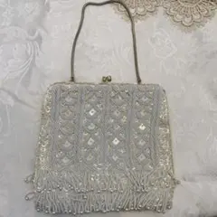ヴィンテージ　アイボリー ビーズ フリンジ クラッチバッグ
