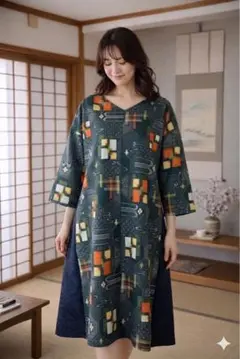 GW限定割引中！新品　着物リメイクワンピース　紬　反物　ゆったり　Ｌサイズ