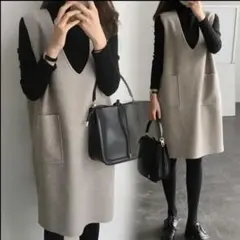 2点セット マタニティ ワンピース 体型カバー 秋 冬 春 タートルネック／Ｌ