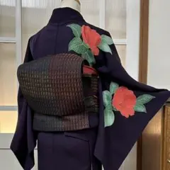 袋帯　六通　正絹　変わり織縞に横段織り出し　濃紺×臙脂　金糸全長441幅31