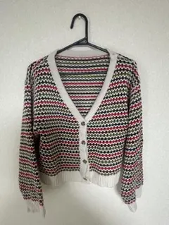 多色ストライプ Vネック 透かし編みニットカーディガン