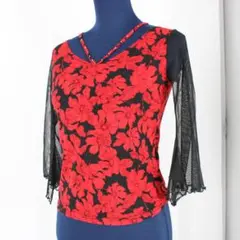 【美品 社交ダンス衣装】トップス 赤 黒 レース 透け感 かわいい 可愛い