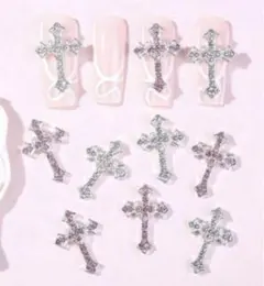 十字架 シルバー ピンク ハート ラインストーン ネイルパーツ