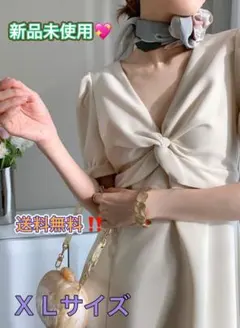 韓国風 ベージュ サイズXL Vネック ハイウエスト スキニーシフォンドレス